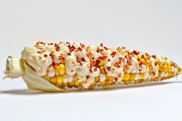 Wall Mural - Delicious elote corn on the cob with creamy sauce and chili flakes on a white background