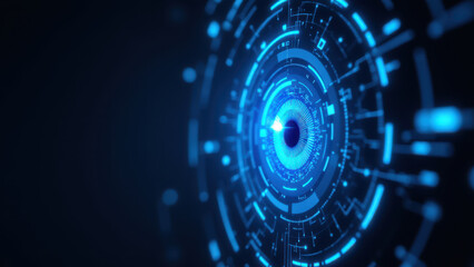 cybersecurity digital interface with blue neon lights on a gray wall background.