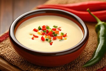 Wall Mural - Creamy soup with colorful pepper garnish and fresh chili peppers on rustic burlap surface