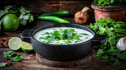 Wall Mural - Creamy Yogurt Soup with Fresh Herbs and Lime in Rustic Bowl on Wooden Tabletop Still Life