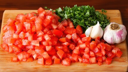 Wall Mural - Fresh Tomatoes Basil and Garlic on Wooden Cutting Board Ready for Cooking a Healthy Meal