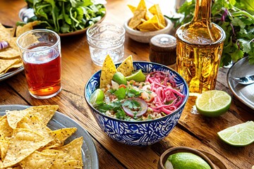 Wall Mural - Vibrant mexican street food bowl with tortilla chips and fresh ingredients on wooden table