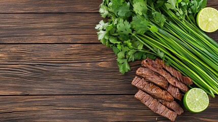 Wall Mural - Grilled Steak Slices with Fresh Cilantro and Lime on Rustic Wood Table Culinary Still Life