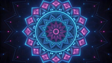 Poster - Neon Blue & Pink Mandala | Futuristic Kaleidoscope Glow | Psychedelic Geometric Art | Digital Fractal Symmetry | Sacred Geometry Design | Hypnotic Light Pattern | Cosmic Energy Aesthetic Cyberpunk Art