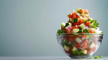 Wall Mural - Fresh and Vibrant Salad in Glass Bowl with Tomatoes Cucumbers and Red Onion Delightful Food