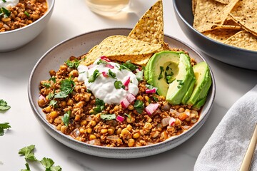 Wall Mural - Delicious chickpea and ground meat chili with avocado and tortilla chips on a bright table