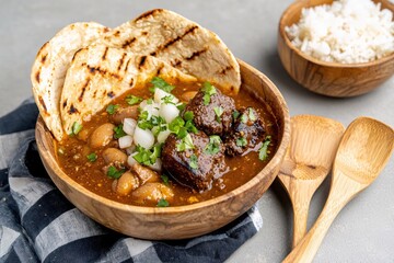 Wall Mural - Hearty beef and bean stew served in wooden bowl with tortillas and rice for delicious meal