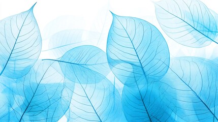 Wall Mural - Sky blue translucent leaves float gently against white background creating serene pastel scene. AI Generated