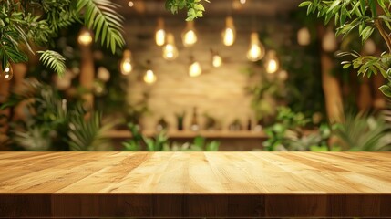 Poster - A beautifully crafted wooden table stands ready for gatherings, illuminated by soft hanging lights, and surrounded by lush plants creating a serene and inviting ambiance
