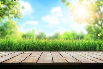 Wall Mural - Empty wooden table with outdoor garden grass bokeh and sunny sky. Template backdrop for display your product