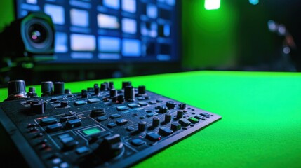 Poster - professional studio setup with advanced filmmaking equipment, featuring a control panel and camera. 