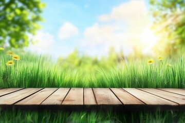 Wall Mural - Empty wooden table with outdoor garden grass bokeh and sunny sky. Template backdrop for display your product