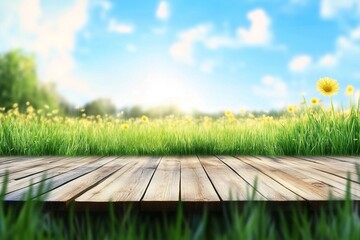 Wall Mural - Empty wooden table with outdoor garden grass bokeh and sunny sky. Template backdrop for display your product