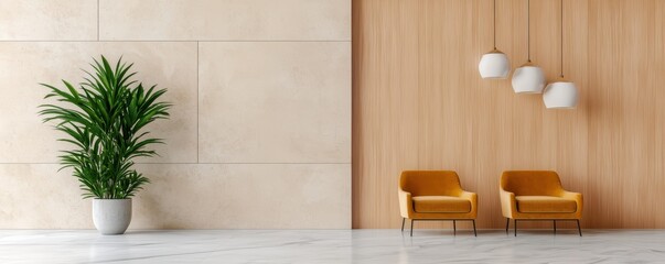 Poster - architectural 3D renderings interior realism concept. A modern interior featuring a potted plant beside bright yellow chairs against a light wooden wall, creating an inviting and stylish atmosphere.
