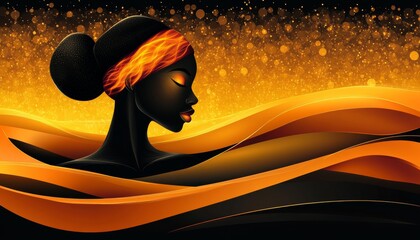 Poster - Abstract Portrait Of A Black Woman On A Golden Background, Representing Strength And Beauty