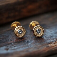 Wall Mural - Elegant gold diamond stud earrings on rustic wooden surface