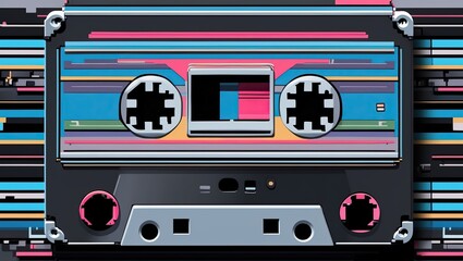 Poster - Colorful vintage cassette tape design with vibrant abstract lines in the background
