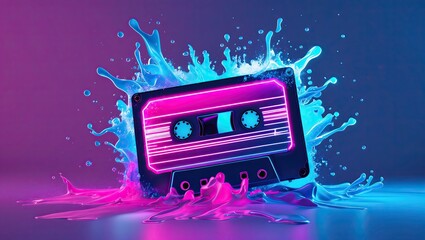 Poster - A vibrant audio tape emerging from colorful splashes of water against a gradient backdrop