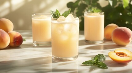 Wall Mural - Peach iced tea, summer drink, marble table, sunlight, refreshment