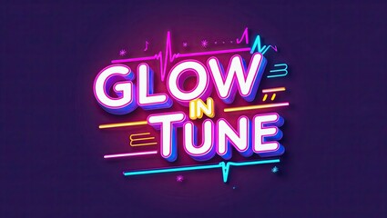 Poster - Vibrant neon graphic design featuring the words 'Glow In Tune' with colorful sound wave elements in a dark background