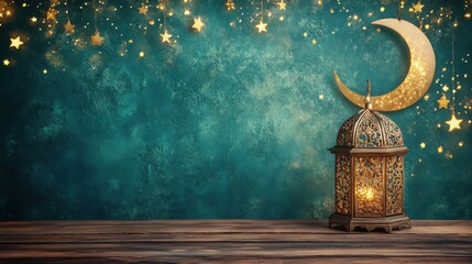 Wall Mural - ramadan background with ample copy space, lanterns and crescent moon, star bokeh lights, an old wood