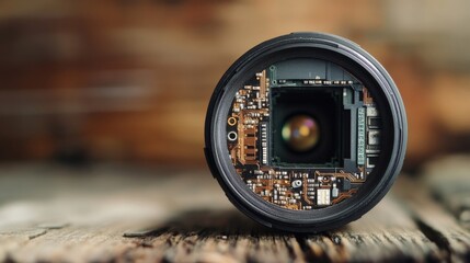 Poster - Close up of a disassembled camera lens revealing intricate electronic components and the image sensor, showcasing the complex technology behind modern photography and filmmaking