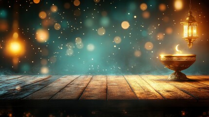 Wall Mural - ramadan background with ample copy space, lanterns and crescent moon, star bokeh lights, an old wood