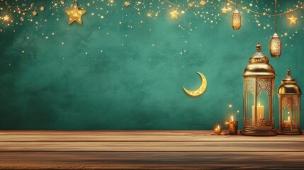 Wall Mural - ramadan background with ample copy space, lanterns and crescent moon, star bokeh lights, an old wood