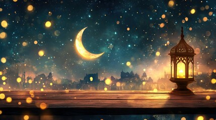 Wall Mural - ramadan background with ample copy space, lanterns and crescent moon, star bokeh lights, an old wood