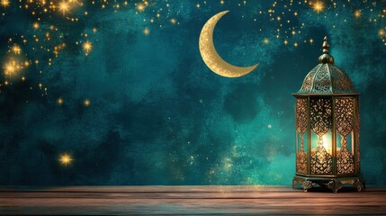 Wall Mural - ramadan background with ample copy space, lanterns and crescent moon, star bokeh lights, an old wood