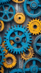Poster - Blue and Yellow Gears Interlock on a Textured Background, Industrial Design and Engineering Concept.