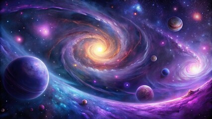 Wall Mural - swirling purple nebula background with stars and planets in a vibrant color palette, galaxy, cosmic 