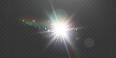 Wall Mural - bright white light explosion with lens flare, rainbow reflections, and sparkles on transparent backg