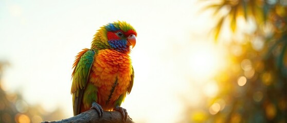 Wall Mural - The warm sunlight casts a golden glow on the feathers of a perched rainbow lorikeet, foliage, feathered friend