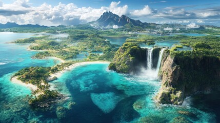 Canvas Print - Tropical Island Paradise Waterfall Aerial View