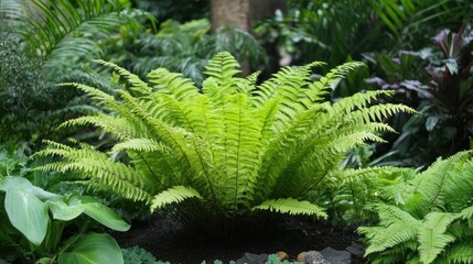 Poster - Lush fern in a tropical garden setting