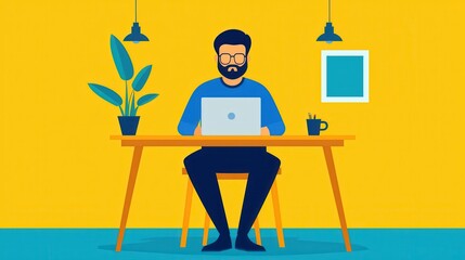 Aufkleber - Backup Day concept. Focused Businessman Working Remotely on Laptop at Desk with Plant Decor