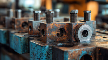 Poster - close up of precision metal work holding fixtures in workshop