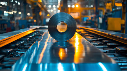 Poster - Metal coil on factory floor with industrial lighting