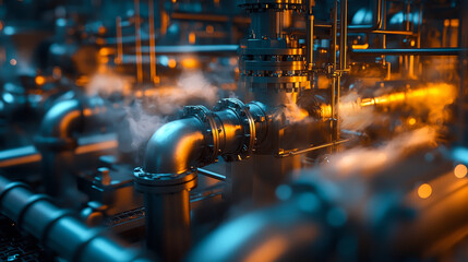 Poster - industrial pipes with steam and blue lighting create dynamic scene
