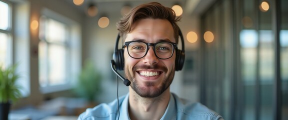 Smiling customer service agent with headset in modern office, professional support symbol