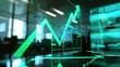 © Jolin - Glowing upward arrow graph on digital screen symbolizing positive company growth and future outlook, representing business success and financial progress.