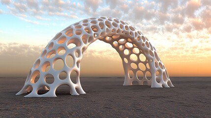 Wall Mural - Abstract white arch gracefully curves across desert landscape bathed in warm sunset light. AI Generated