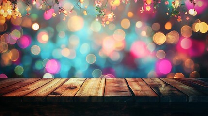 Poster - A rustic wooden table invites imagination, surrounded by a captivating blend of colorful bokeh lights and enchanting floral accents. This serene setting ignites creativity and inspiration