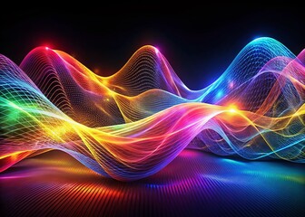 Aufkleber - Abstract Futuristic Mesh Waves: Flowing Energy, Black Background, Sci-Fi Light Effects