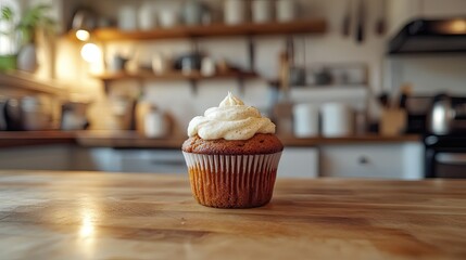 Wall Mural - Carrot cake muffin with cream cheese swirl, placed on a rustic kitchen countertop with a cozy baking scene in the background