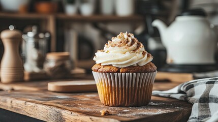 Wall Mural - Carrot cake muffin with cream cheese swirl, placed on a rustic kitchen countertop with a cozy baking scene in the background