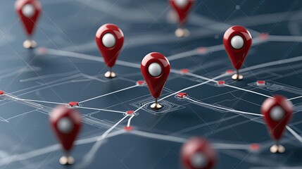 Poster - vibrant red location pins stand out on a digital map against a geometric blue backdrop, symbolizing 