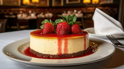 Wall Mural - Cheesecake with thick, luscious strawberry sauce dripping down the sides, garnished with whole strawberries and mint sprigs