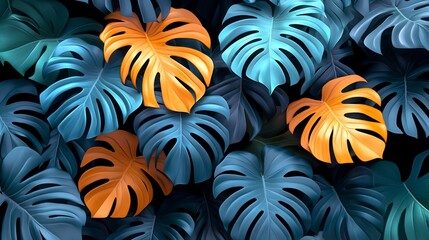 Wall Mural - Vibrant teal and orange tropical leaves softly lit background. AI Generated